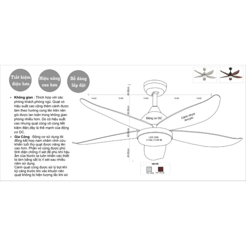 Quạt trần Cao Cấp, Động cơ DC, Siêu tiết kiệm điện, sải cánh 1,17m, có remote