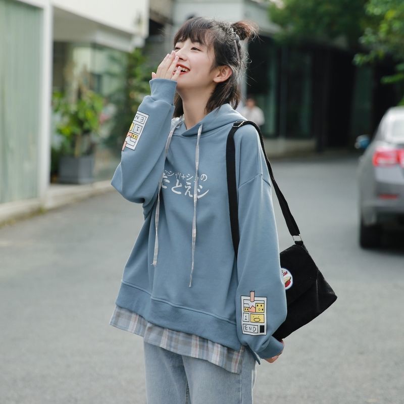 [Hàng order] Áo hoodie xanh nhạt nỉ mỏng thời trang có size style Nhật Bản đuôi sơmi kẻ caro