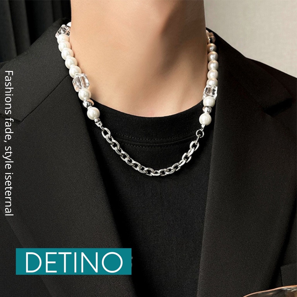 Vòng cổ ngọc trai nhân tạo nam dây chuyền titan hình viên đá unisex hiphop DETINO DC01