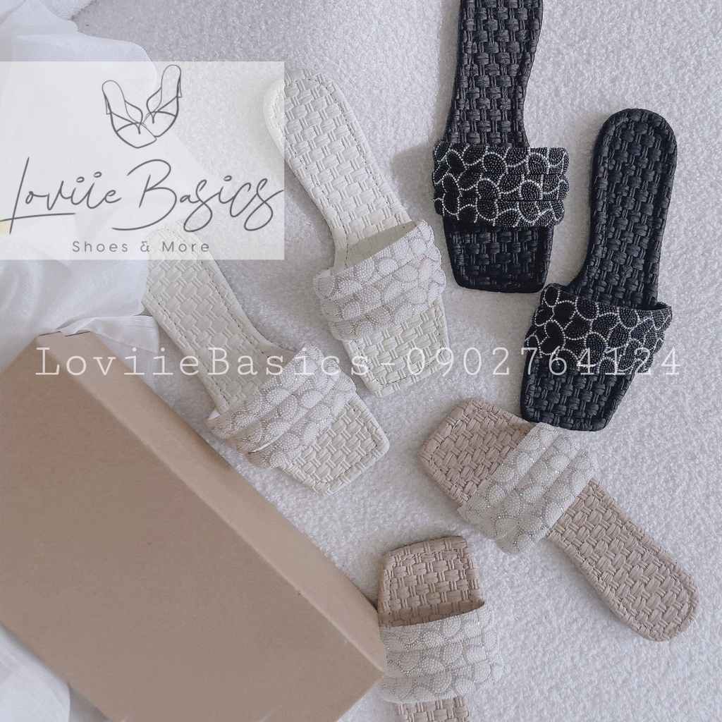 DÉP NỮ LOVIIE BASICS - DÉP BỆT THỜI TRANG QUAI NGANG BẢN TO ĐÍNH ĐÁ ĐẾ THẤP NỮ TÍNH D220702