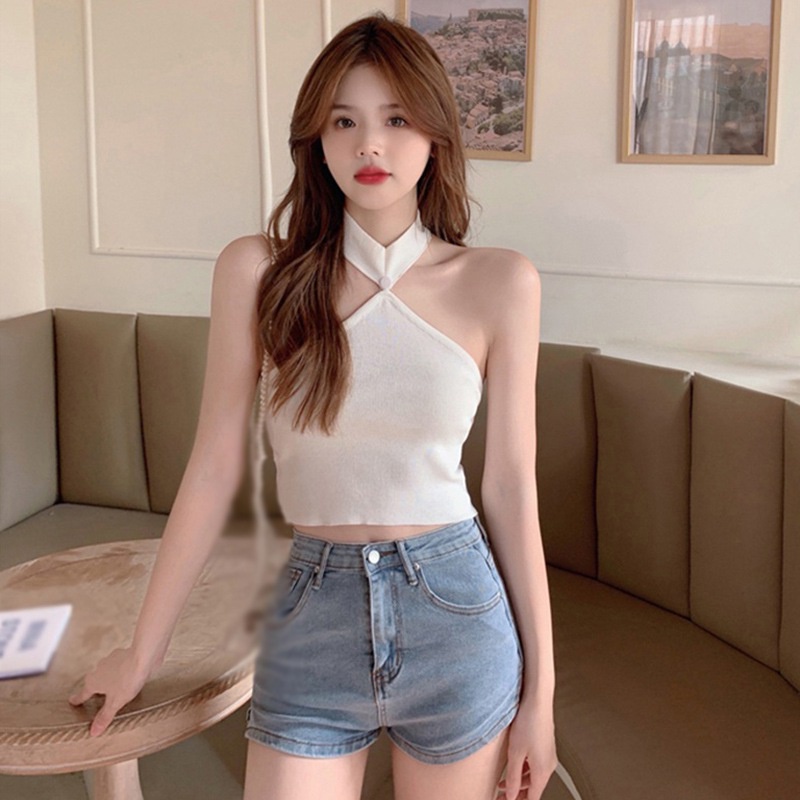 Áo croptop dệt kim không tay màu sắc đơn giản dành cho nữ