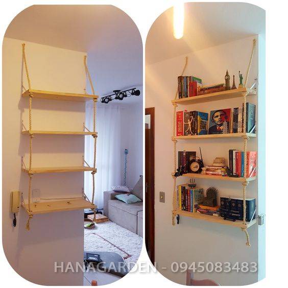 KỆ GỖ 4 TẦNG TREO 80X20CM KÍCH THƯỚC LỚN 🍇ĐẶC BIỆT🍇 Trang Trí Bằng Dây Thừng Trang Trí Gỗ Cao Su Ghép