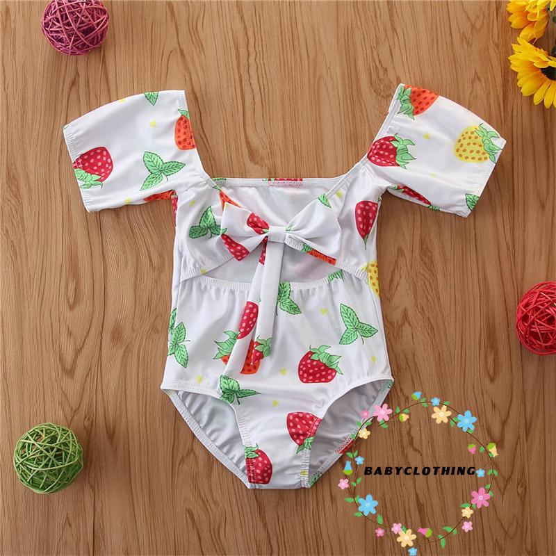 ღWSVღBaby Girl Strawberry Print One-Piece Toddler Swimsuit Short Sleeve Bow Hollow Swimsuit