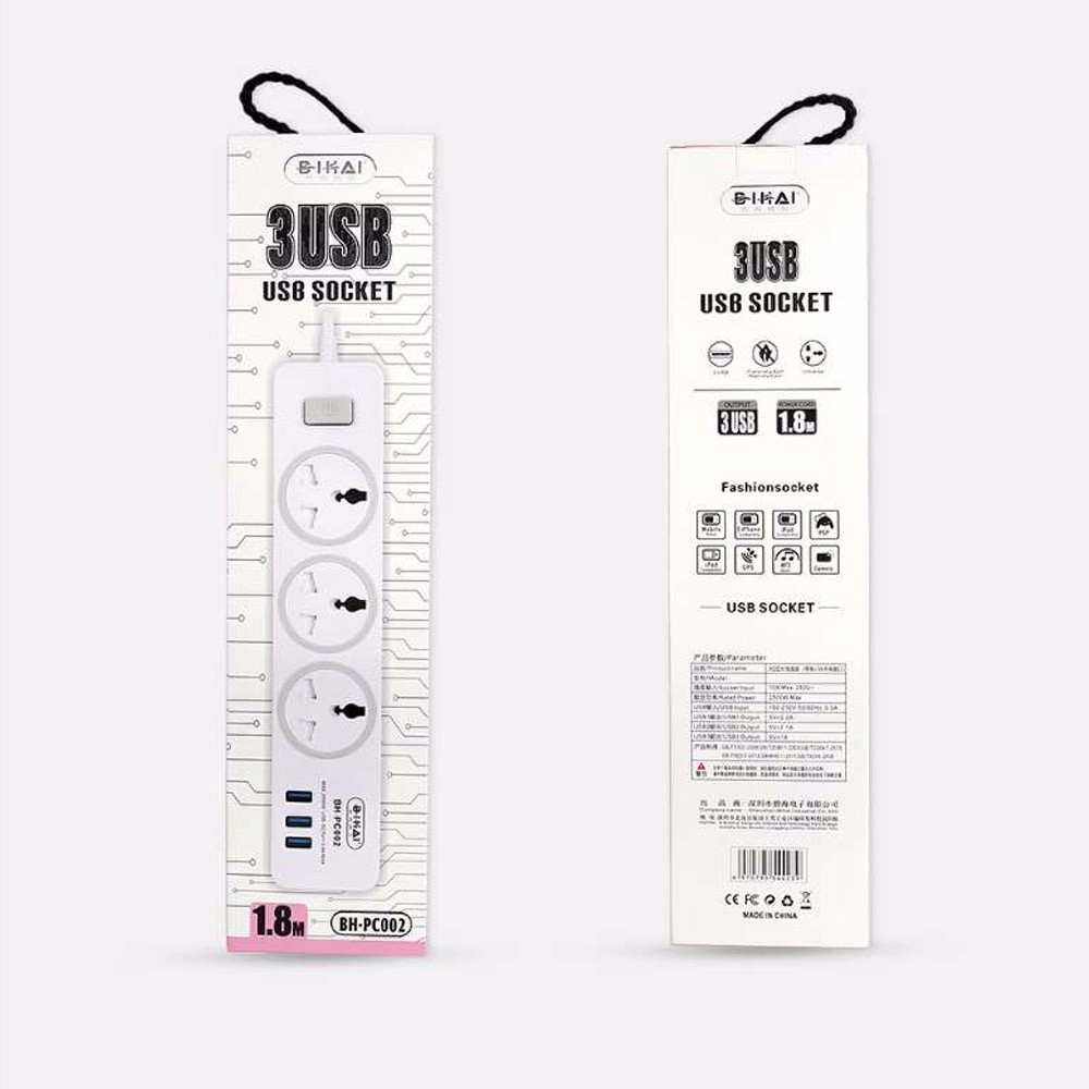 BH-PC002 3-Hole Power Strip / Extension Socket Plug With 3 USB Ports For Home Office Use