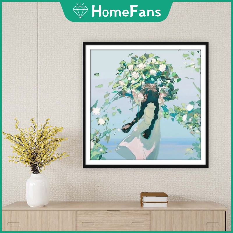 Bộ Tranh Đính Đá 5D Họa Tiết Cô Gái Và Hoa Độc Đáo Kích Thước 40x40cm/50x50cm DIY Dùng Trang Trí Nhà Cửa