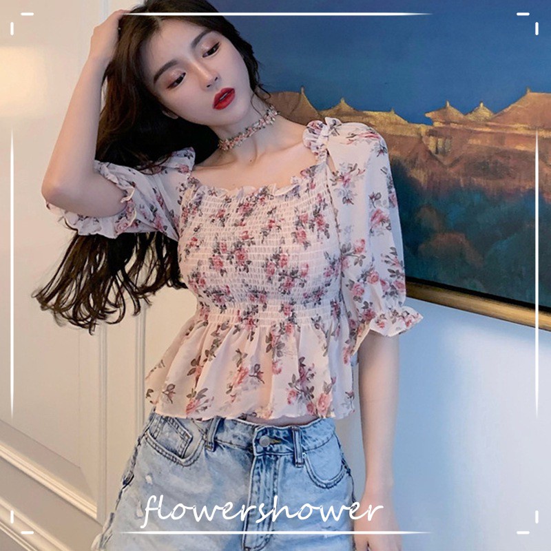 Áo Croptop Chất Chiffon Hoạ Tiết Hoa Thiết Kế Hợp Thời Trang