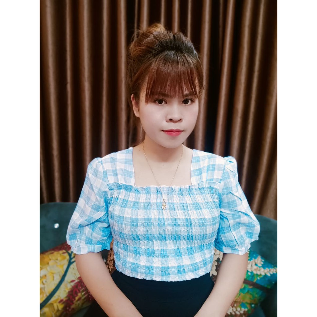 sơ mi kẻ cổ vuông thân may nhúm anh that tu chup ,SƠ MI KIỂU SM02 - phamtrangredep shop