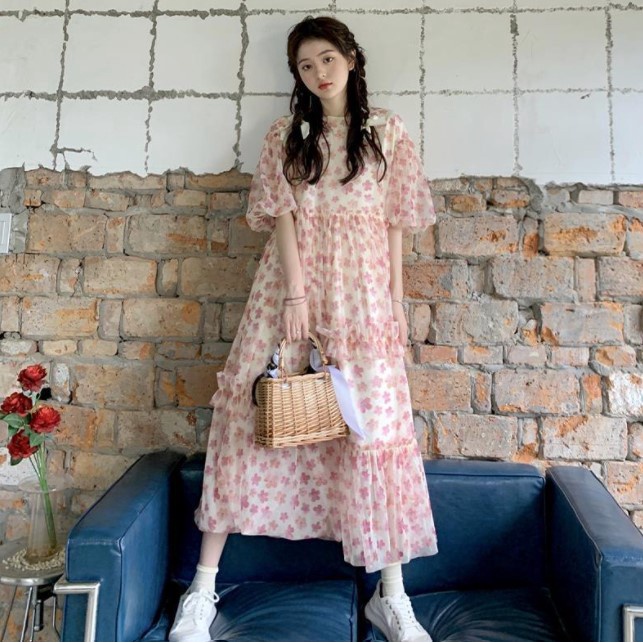 Sẵn - Đầm Babydoll | Đầm Babydoll Hoa Nhí Hồng Dáng Dài Xòe Rộng Tay Phồng Xinh Xắn Ulzzang Hàn Quốc, Váy Maxi Dáng Xòe