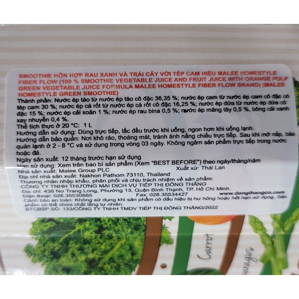 [Hộp 1 LÍT] NƯỚC HỖN HỢP RAU XANH VÀ TRÁI CÂY (eat clean) [Thailand] MALEE Homestyle Green Vegetable Smoothie (ttdt)