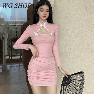 Đầm Sườn Xám Cách Tân Tay Dài Dáng Ôm Phong Cách Hàn Quốc Quyến Rũ