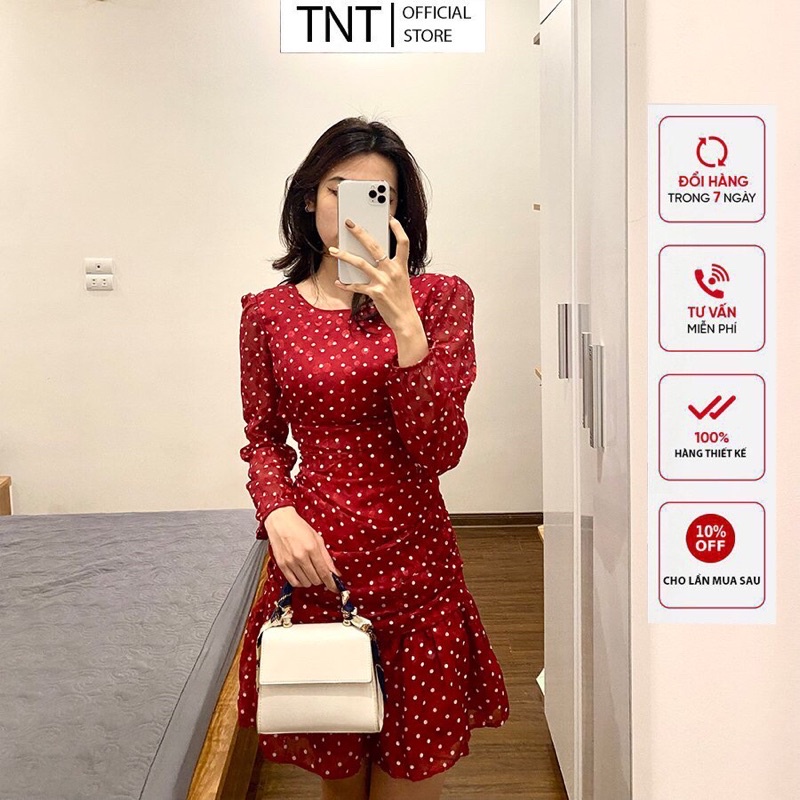 Váy đuôi cá chấm bi, đầm thiết kế đuôi cá dấu bụng siêu tốt, ảnh shop tự chụp
