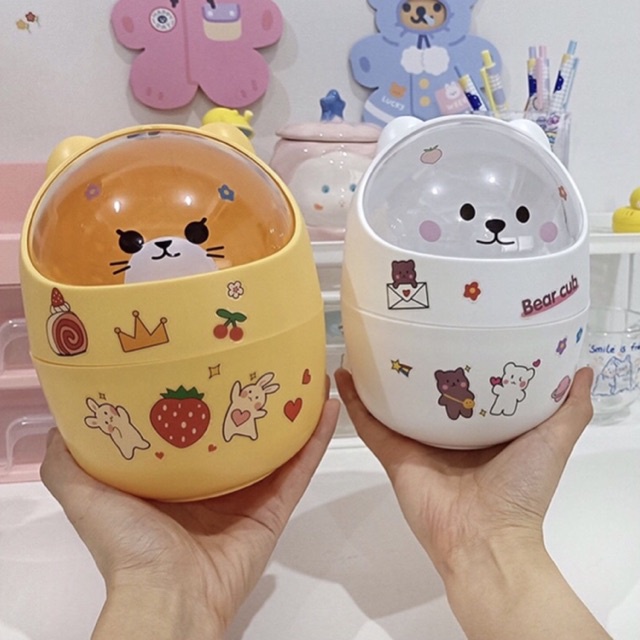 Thùng rác mini, hộp đựng bút để bàn hình mèo có nắp tiện dụng cho mẹ và bé - Tặng kèm Sticker - TiNa’s House