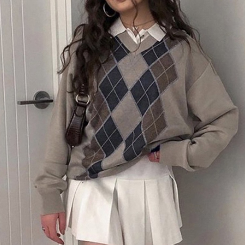 Áo Sweater Dệt Kim Cổ Chữ V Tay Dài Họa Tiết Kẻ Sọc Màu Sắc Tương Phản Phong Cách Preppy Cổ Điển Thời Trang Cho Nữ