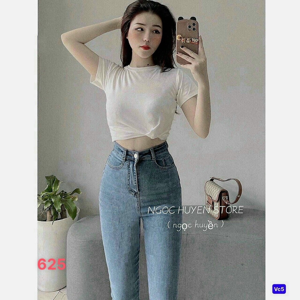 Quần jean nữ lưng cao co giãn có túi, quần bò cạp cao skinny jeans bigsize trơn dài basic