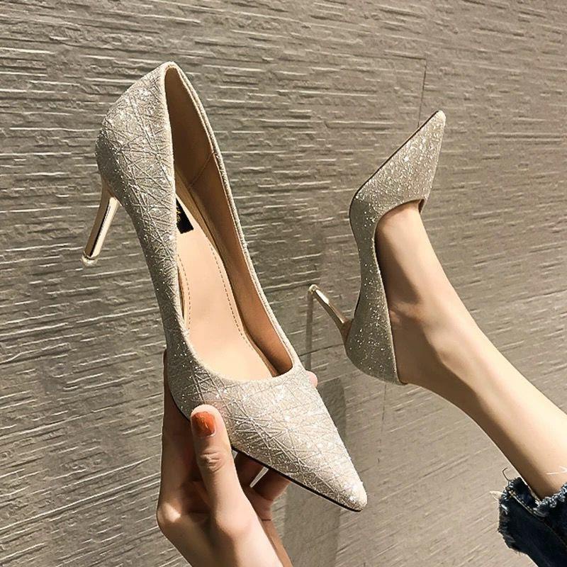 High Heels Women's Shoes Stiletto Wedding Shoes Autumn 2021 New Wedding Party Shallow Mouth Pointed Sequined Cloth Women