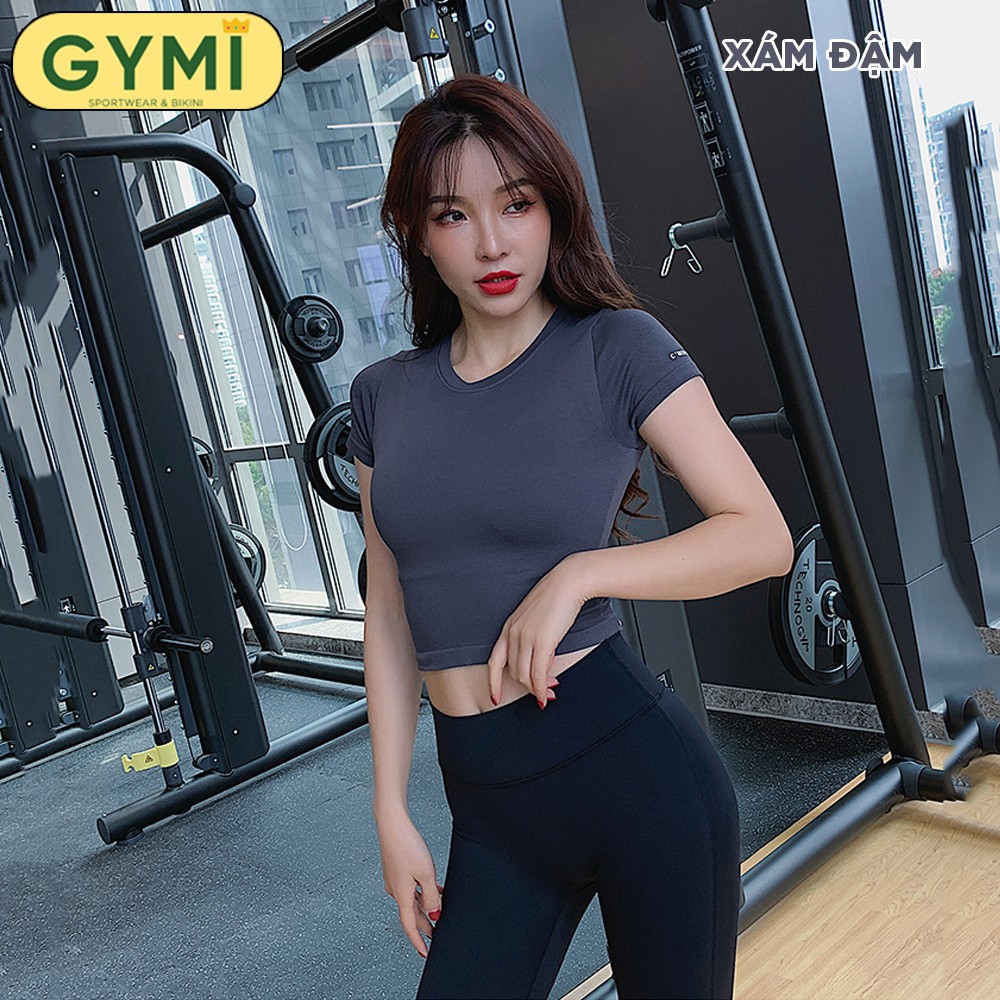 Áo tập gym yoga nữ GYMI AC12 dáng croptop ngắn tay ôm body chất dệt co giãn logo in lưng phù hợp tập thể thao