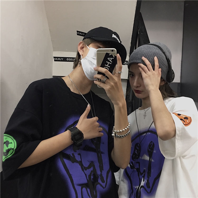 Áo Thun Tay Ngắn Dáng Rộng In Hình Mặt Cười Phong Cách Hip-Hop
