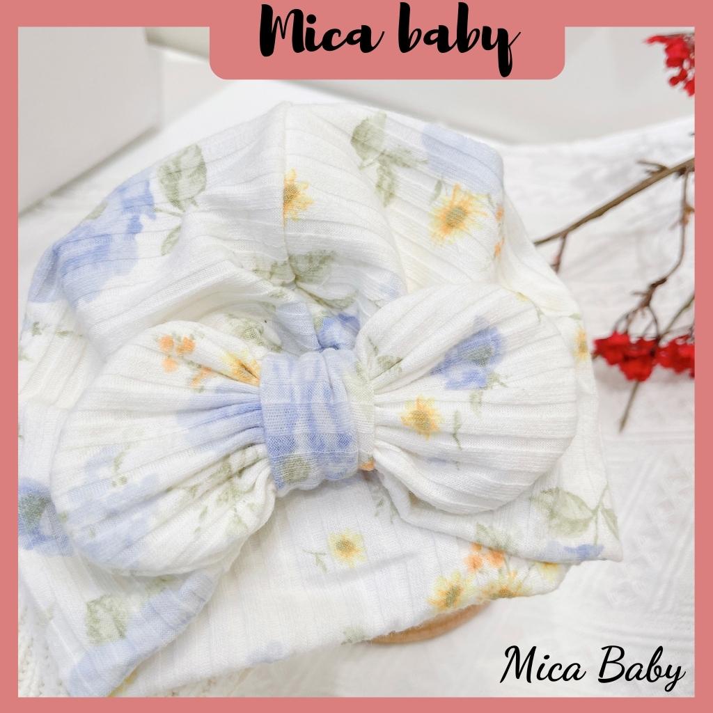 Mũ nón turban thắt nơ trắng hoa xanh đáng yêu cho bé từ 6-10kg Mica baby MTB68