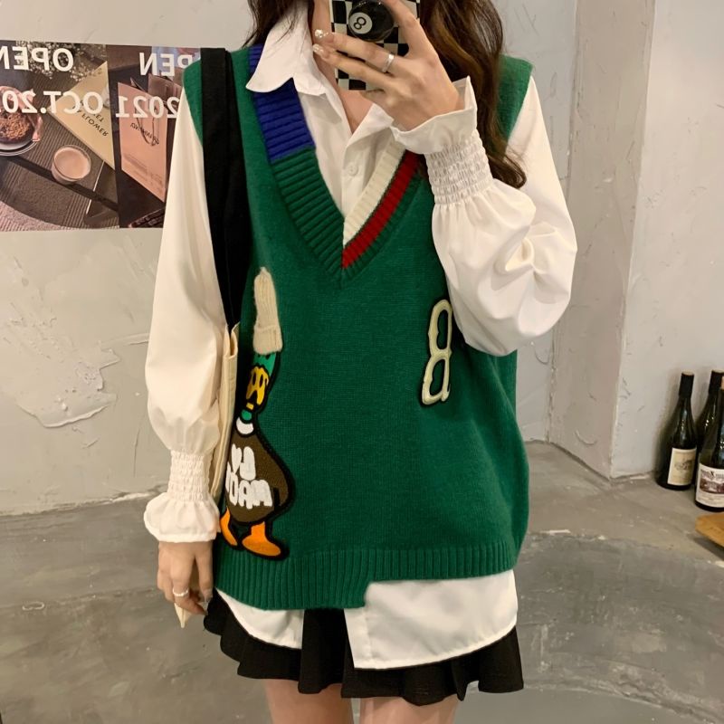 Áo Sweater Dệt Kim Màu Sắc Đối Lập Phong Cách Hàn Quốc