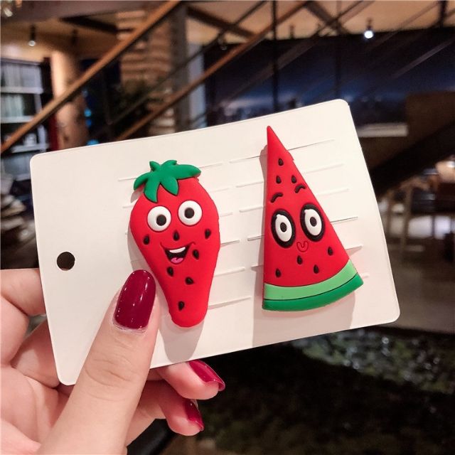 set 3 Kẹp bấm tóc mái trái cây mặt cười siêu dẻo cho bé