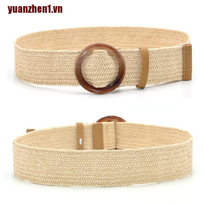 [Yuanzhen1] Thắt Lưng Thắt Lưng Bện Dây Cói Bản Rộng Khóa Gỗ Phong Cách Boho Cổ Điển Mùa Hè
