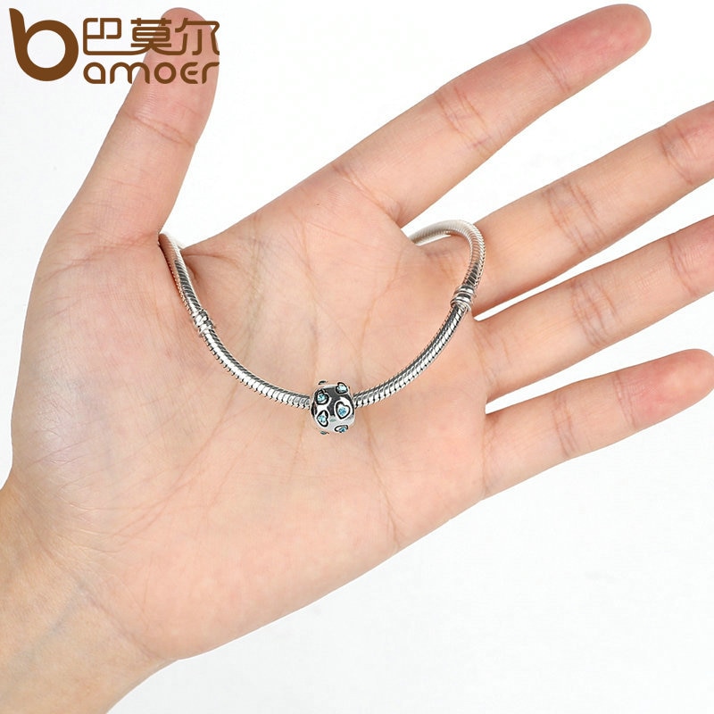 Hạt phụ kiện xỏ vòng tay Bamoer Pa5320 bằng bạc 925 đính đá màu xanh dương hình trái tim làm trang sức