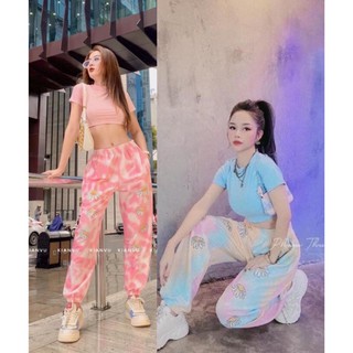 set áo croptop kèm quần thụng loang màu hoa cúc lưng thun siêu đẹp - l0SN