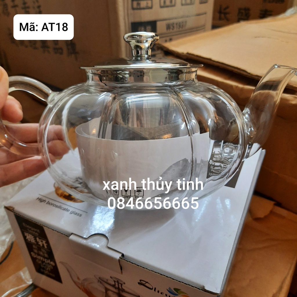 Ấm thủy tinh lõi inox quả bí 950ml chịu nhiệt 400 độ, đun được bếp