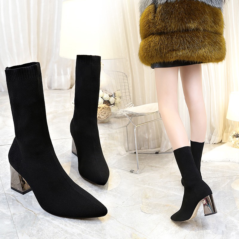 2020 new elastic thin boots women high heel short boots knitted spring and autumn single boots pointed toe socks boots thick heels women boots