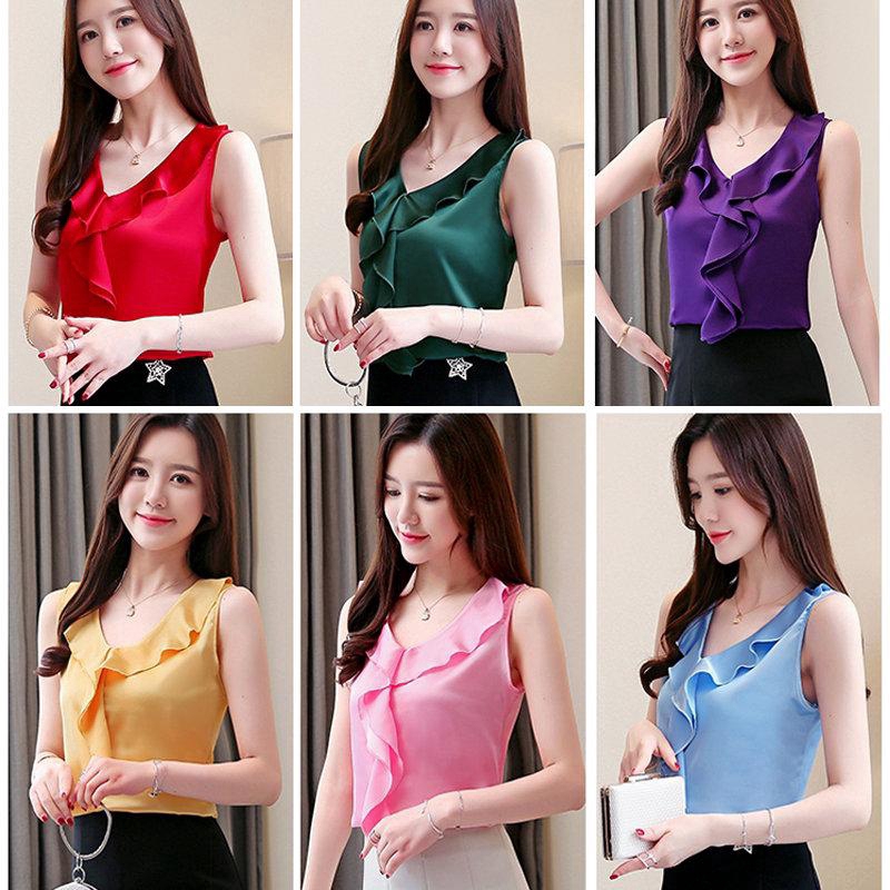 Áo vải trơn không tay áo cổ chữ V có diền xếp thời trang mùa hè cho nữ | BigBuy360 - bigbuy360.vn