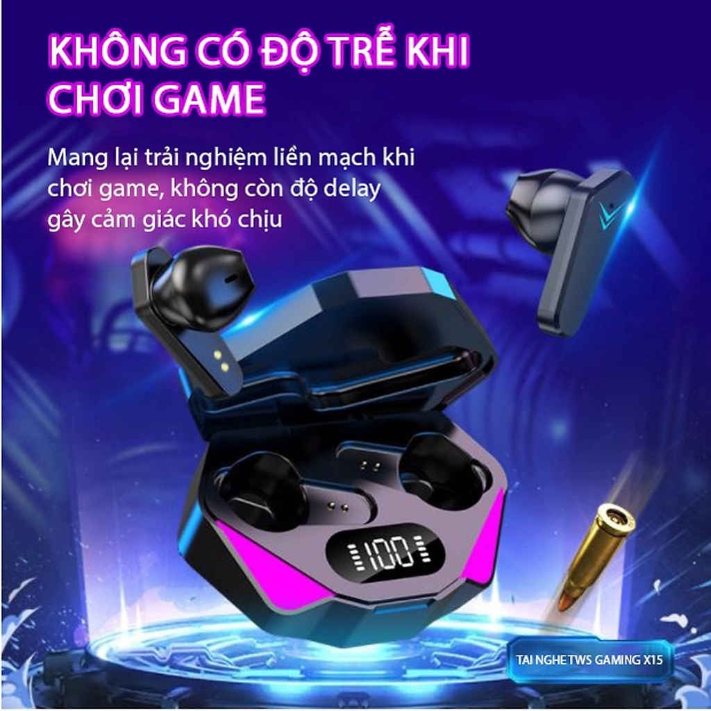 Tai nghe không dây gaming X15 TWS công nghệ Bluetooth 5.0 cảm biến chạm, không có độ trễ, thiết kế thể thao