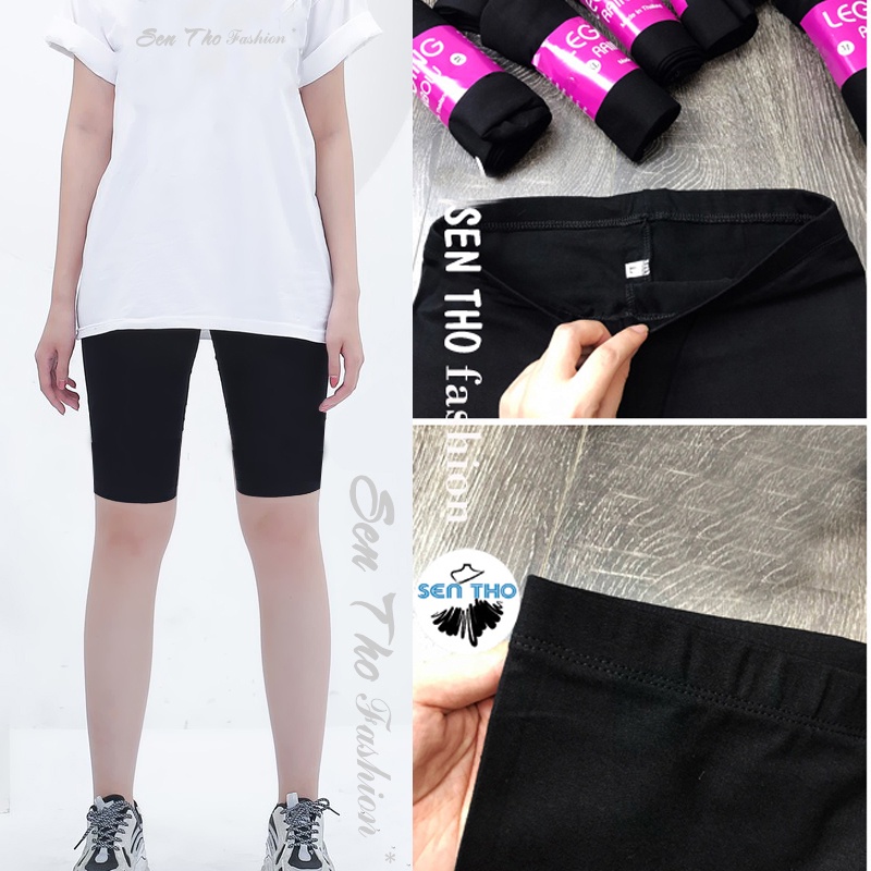 Quần Legging Nữ Ngố Đùi Lửng Cạp Chun Màu Đen Chất Thun Co Giãn 4 Chiều Mặc Ôm Dáng Trẻ Trung Năng Động