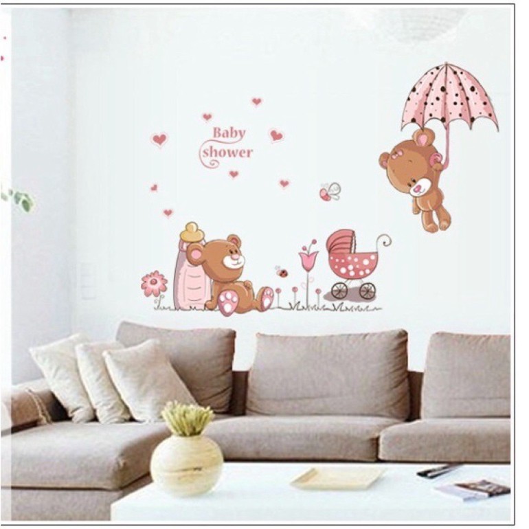 Decal tranh dán tường trang trí decor phòng ngủ cho bé như Hàn Quốc, tấm giấy sticker dán tủ hình gấu .