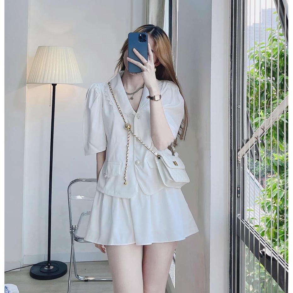 Set chân váy tiểu thư trắng tinh khôi cúc ngọc viền ren LT190