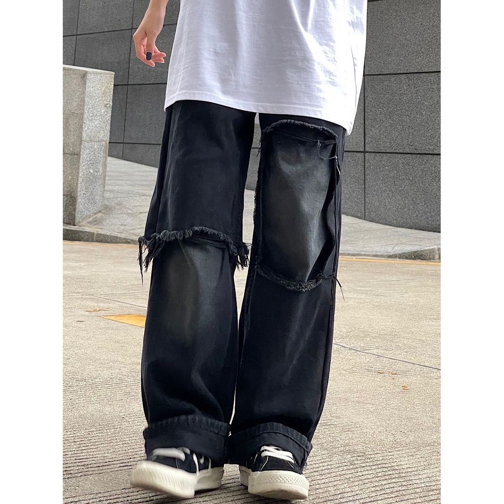 Quần jean dài lưng cao ống rộng dáng suông kiểu retro cá tính cho nữ