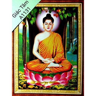 Tranh thêu BỔN SƯ THÍCH CA MÂU NI PHẬT - 48x64cm - A1131 - PHẬT TỔ TỌA THIỀN CỘI BỒ ĐỀ - tranh thêu chữ thập đã thêu
