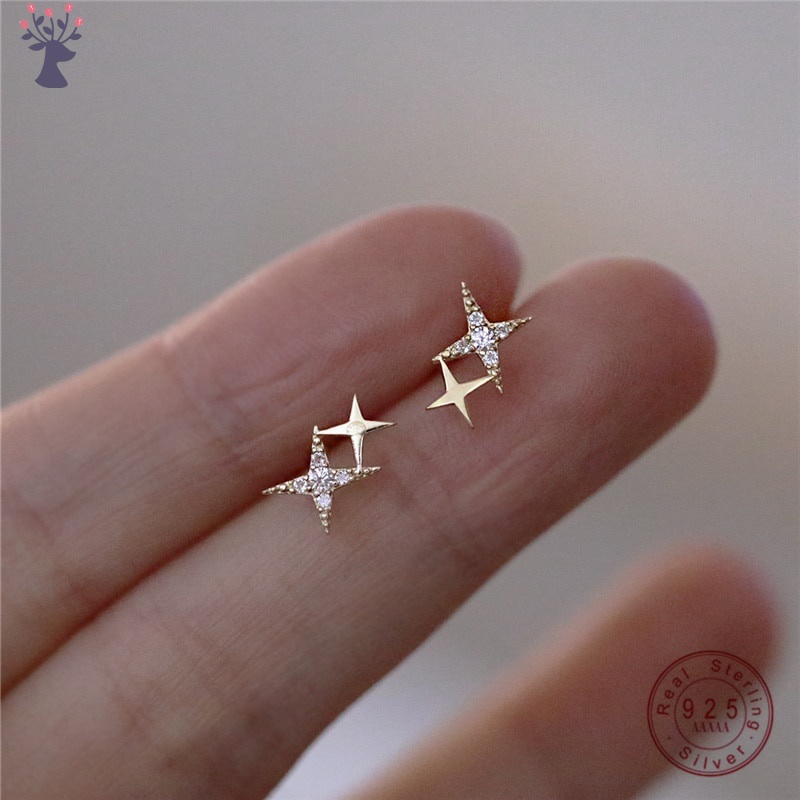 Bông tai mạ vàng nhỏ hình ngôi sao bốn cánh đính pha lê cho nữ