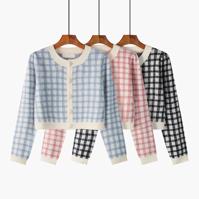Áo cảdigan croptop dệt kim kẻ ô bàn cờ 4 màu- Áo cardigan len croptop kẻ