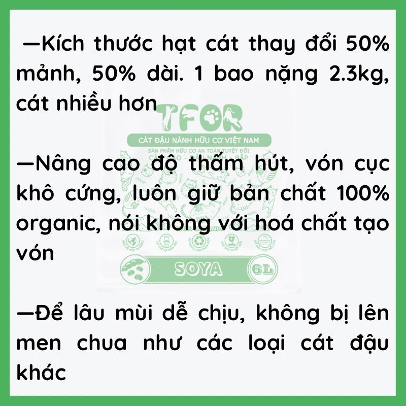 [6 BAO] Cát Đậu Nành TFOR 6L-2.3KG | Cát hữu cơ organic, tofu cat litter, cát không bụi, nhà vệ sinh cho mèo