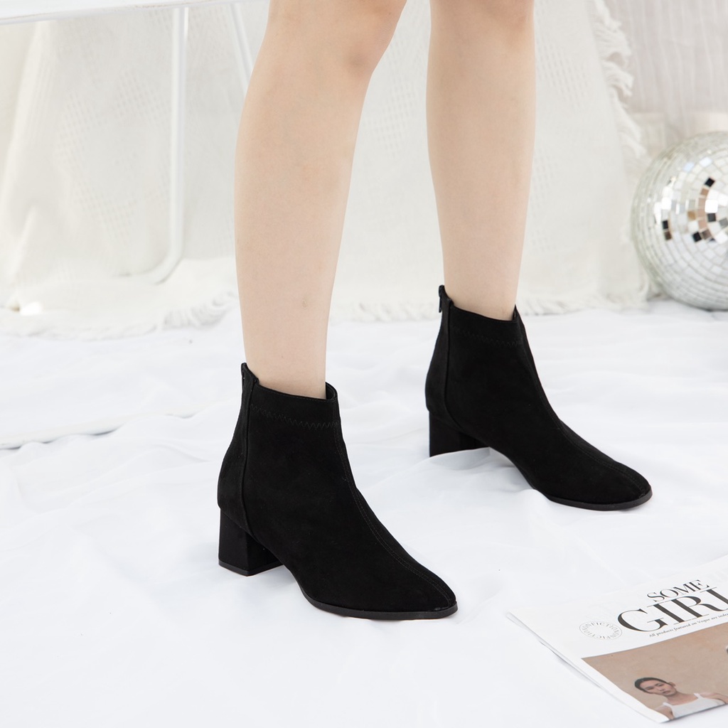 Giày MWC 9105 - Giày Boots Nữ thời trang Boots cổ thấp gót vuông 5p dáng bốt lửng màu đen basic siêu HOT