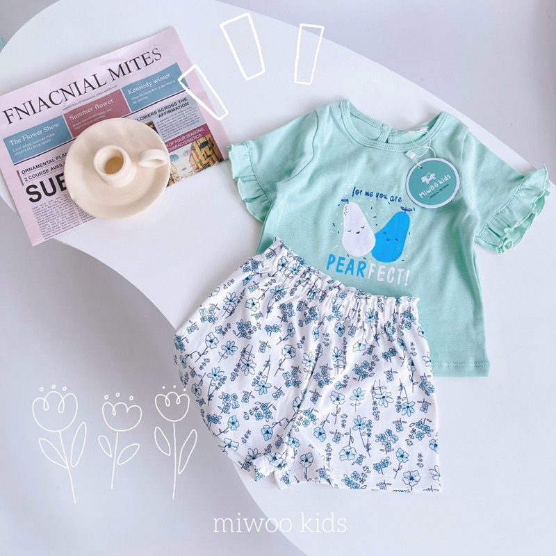Bộ quần áo bé gái tay phối bèo siêu xinh kèm quần vải hoa in hoa tiết bozip hoa nhí ngọt ngào