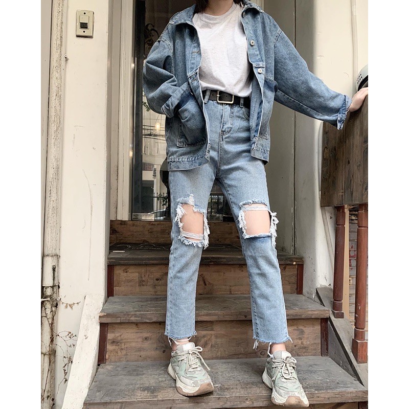 Quần baggy jeans rách gối B014