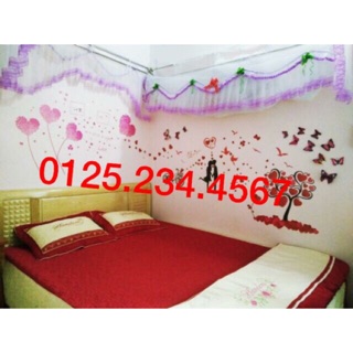 Decal dán tường combo hoa trái tim hồng + romantic