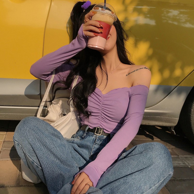 Áo Croptop tay dài thiết kế trễ vai quyến rũ cho nữ