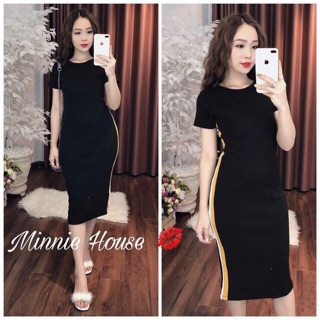 Hàng mới về Đầm body thun đen phối viền sọc trắng vàng siêu cute MÃ 1P24051200