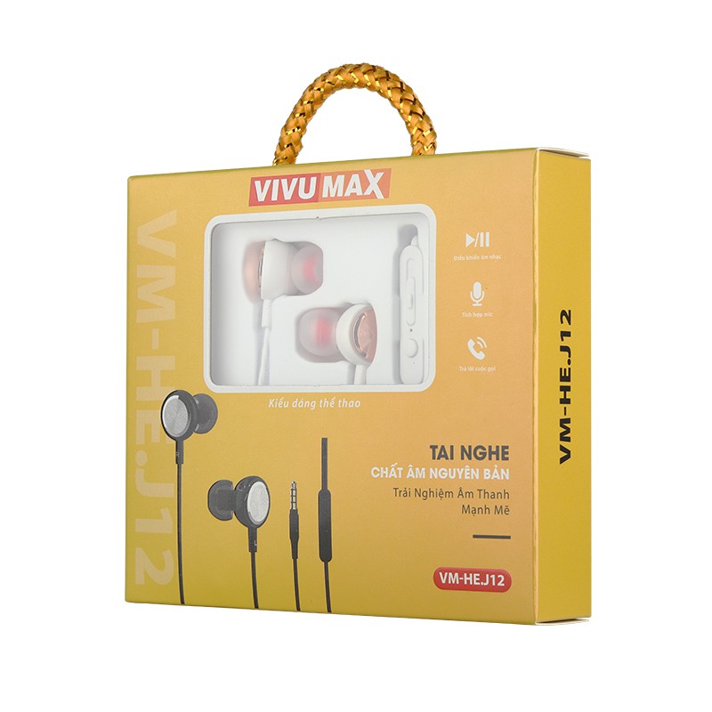 Tai nghe nhét tai có dây VivuMax J12 - Jack cắm 3.5mm, có Mic/Microphone - Hàng Chính Hãng, Bảo Hành 12 Tháng Đổi Mới