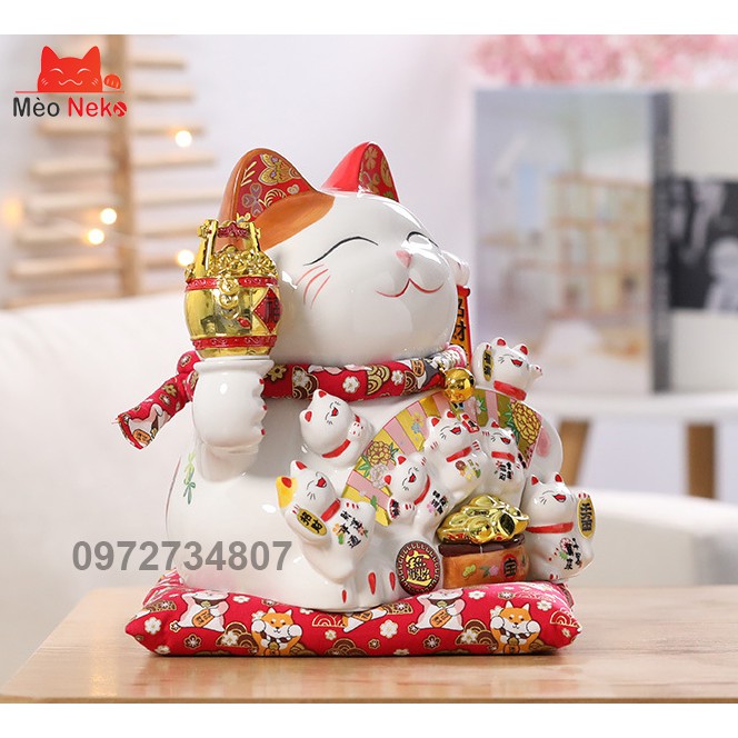 Mèo Thần Tài Vẫy Tay Tài Lộc Phú Quý Gốm Sứ Cao Cấp  size 27 cả đệm