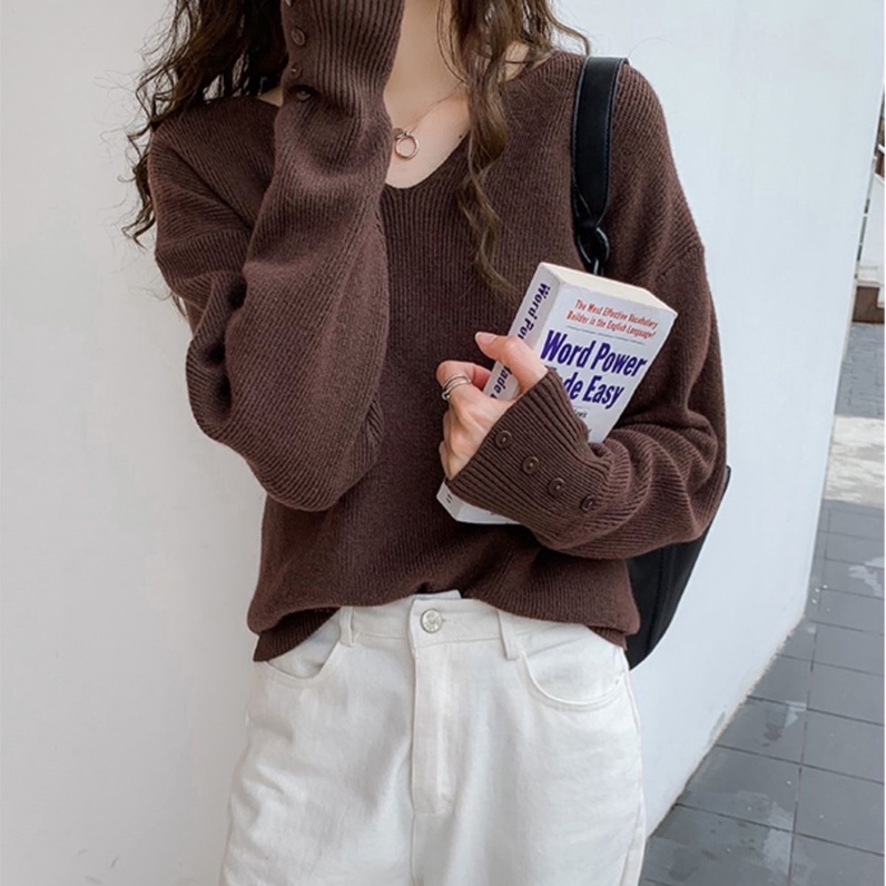 Áo kiểu ZHELIHANGFEI dệt kim tay dài cổ chữ V dáng rộng phong cách sang trọng thời trang trẻ trung cho nữ