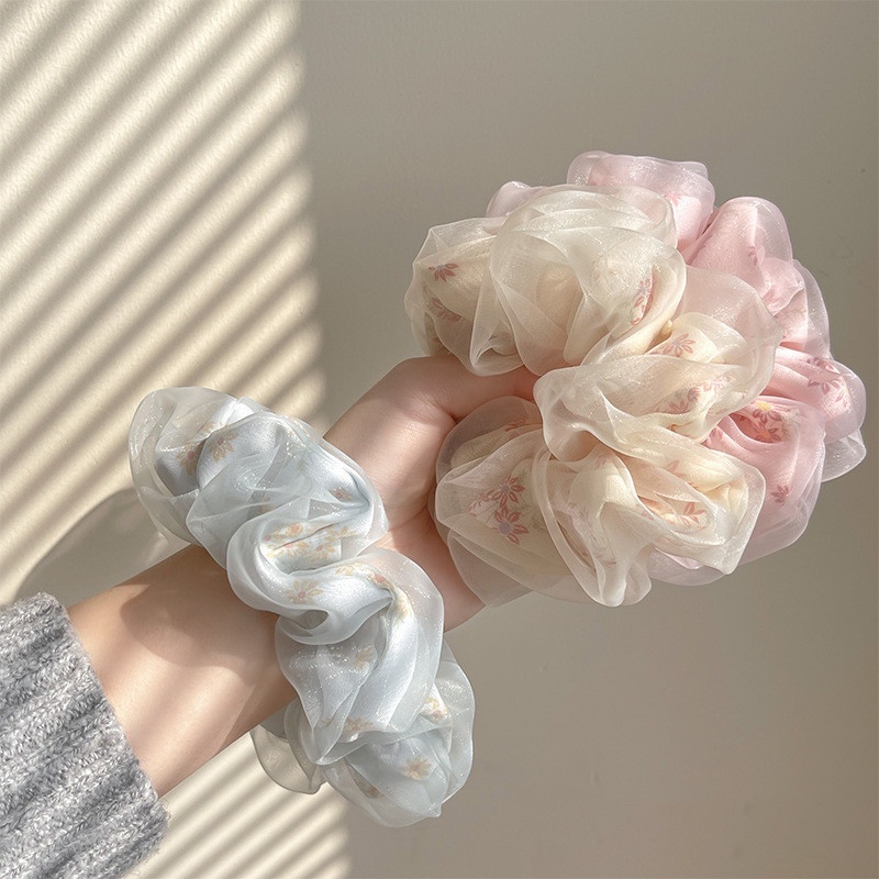 Dây Buộc Tóc Hai Lớp Bằng Vải Organza Lụa / Dây Buộc Tóc In Hoa Bản Lớn / Sợi Lưới Co Giãn
