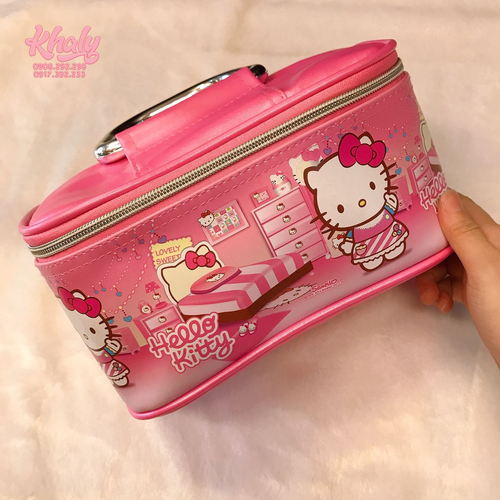 Túi xách tay, túi đựng mỹ phẩm 1 ngăn rộng hình Hello Kitty, cô gái Minmie màu hồng siêu xinh -